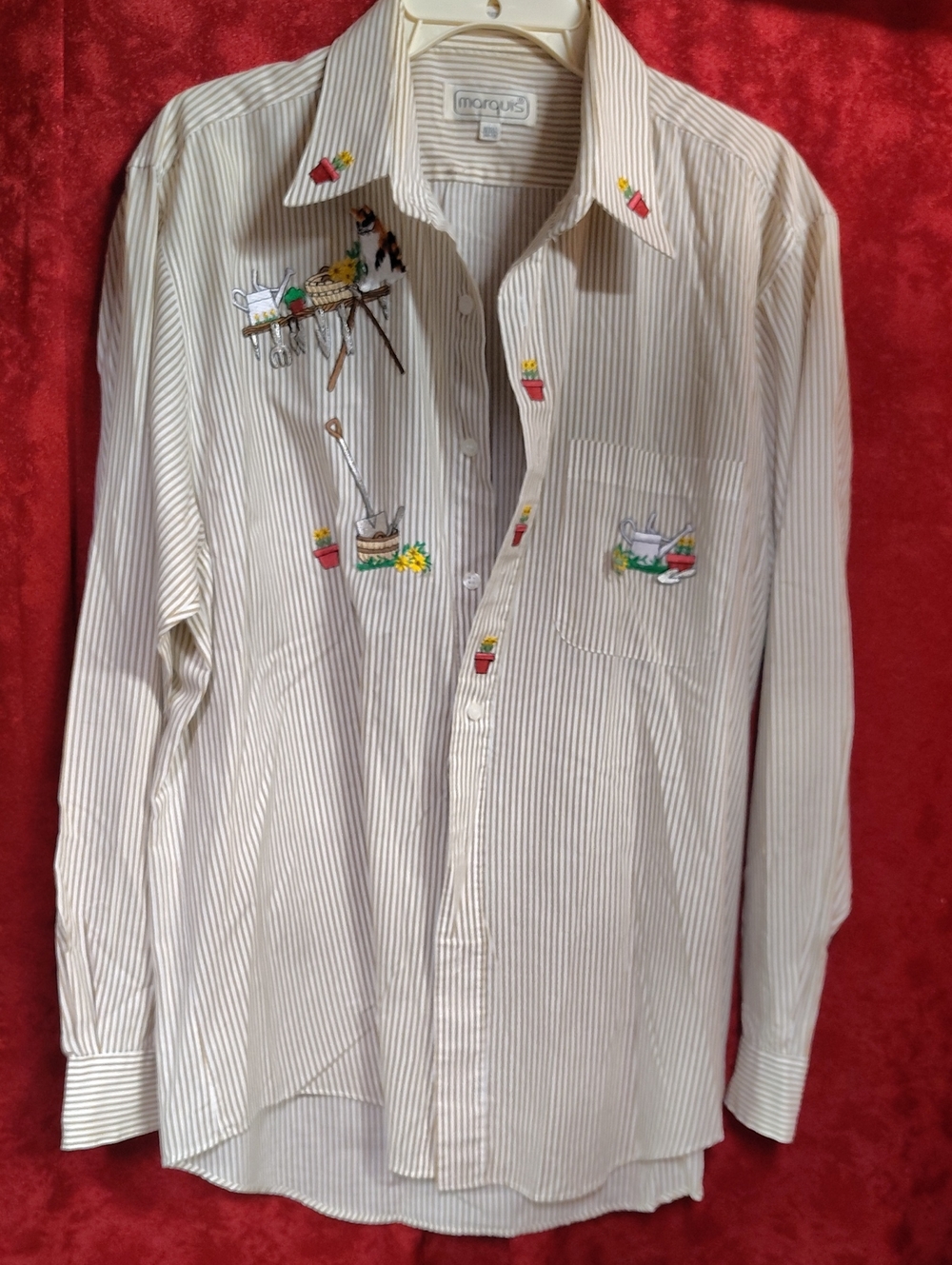 Marquise Cream and Brown Striped Button-Down with Garden Embroidery